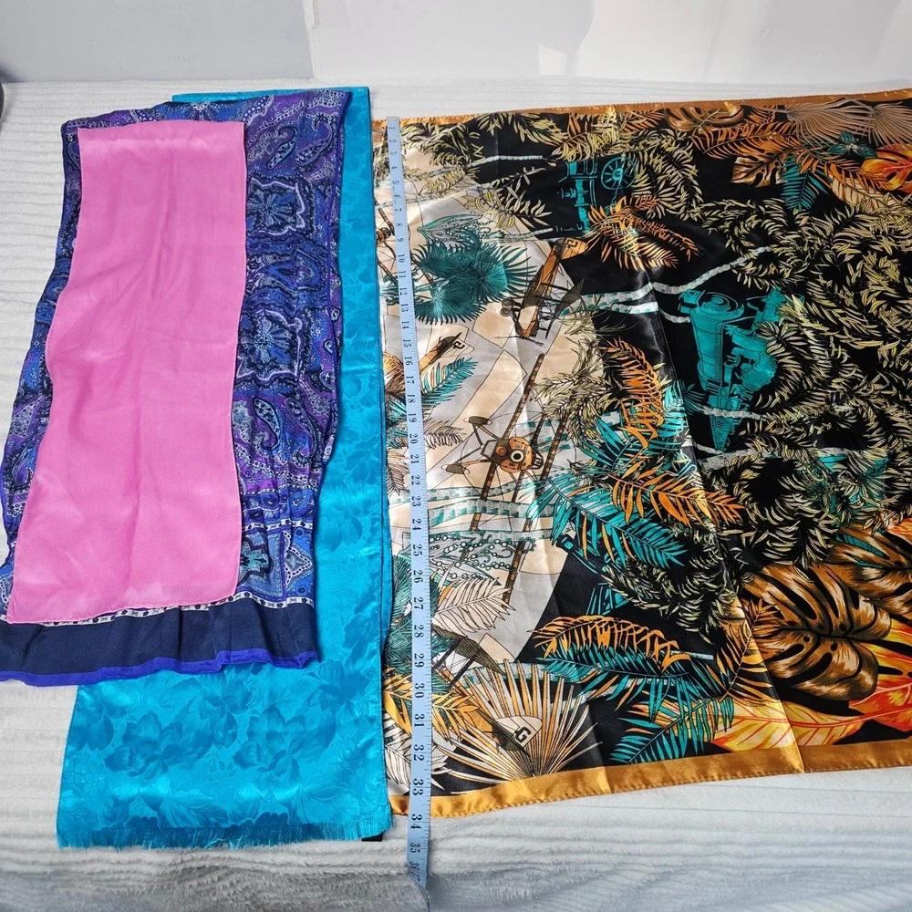 4pc Scarf Lot Silky Travel Print Planes Trains Tropical Paisley Floral Y2K Retro